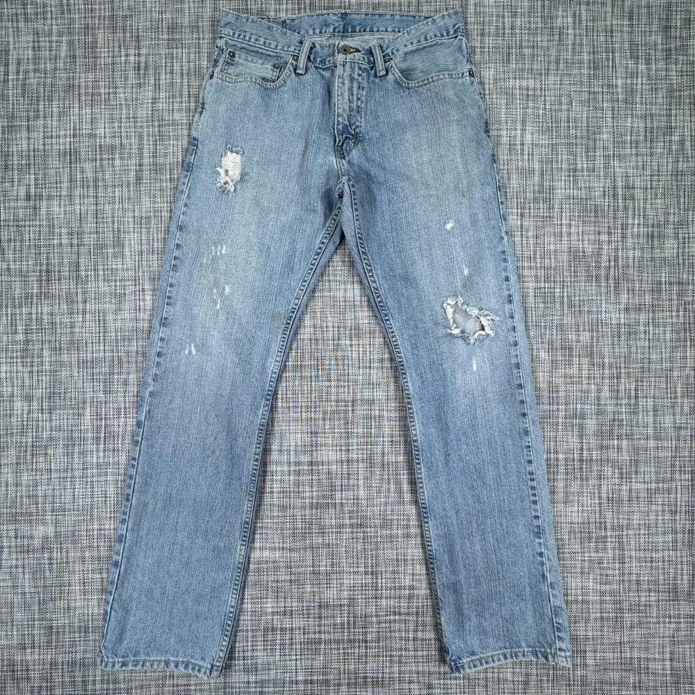 Levis Mens 32x32 Jeans 514 Slim Straight Light Blue Cotton Denim Distressed Rips